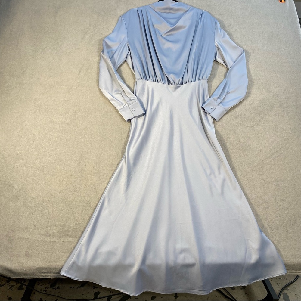 Women’s Blue Satin Cowl Neck Long-Sleeve Maxi Dress, back zipper, size S